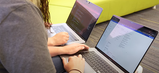 two interns work at their laptops