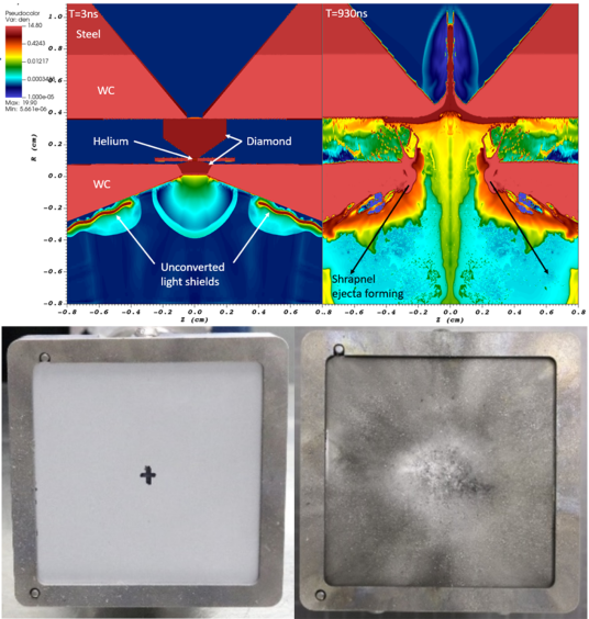 red, blue, and aqua simulations plus two photos of shrapnel damage