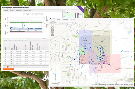 screen shots of TEIMS interface overlaid on a photo of a tree