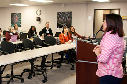 Marisa Torres speaks at the WiDS conference