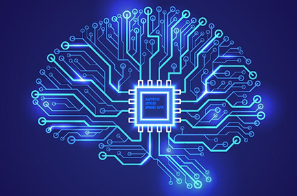 drawing of a brain made up of network lines and a computer chip