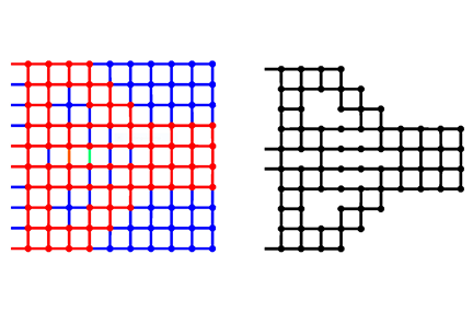 blue and red lattice structure on the left where blue indicates the lattice component that needs to be removed; black lattice structure on the right showing the optimized red portion of the left image 