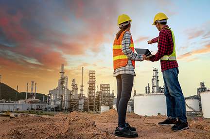 two workers in reflective vests look at a power plant under a sunset