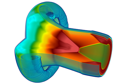 3D simulation of a shock interaction that looks like a colorful cylinder peeling back at one end