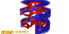 intertwined red and blue cylindrical shapes with HPC4EI logo