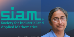 Chandrika's portrait next to the SIAM logo on a blue geometric background