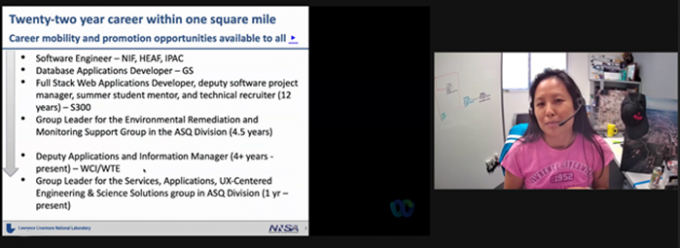 Anh in video chat next to a slide summarizing the roles she has had at the Lab