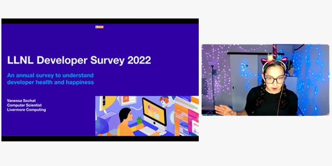 A screenshot of Vanessa Sochat presenting results from the Lab Developer Survey.