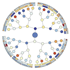 The left figure below colors the nodes in the tree network by the initial load on each process before load balancing starts.