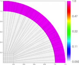 Results for density and curvilinear mesh in the 2D axisymmetric ICF-like problem on a randomized unstructured mesh at time t = 0.0