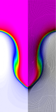 Results for density and curvilinear mesh in the Rayleigh-Taylor problem using Q8-Q7 finite elements at times t = 4