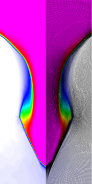 Results for density and curvilinear mesh in the Rayleigh-Taylor problem using Q8-Q7 finite elements at times t = 4.5