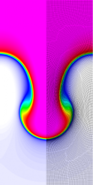  Results for density and curvilinear mesh in the Rayleigh-Taylor problem using Q2-Q1 finite elements at times t =  4