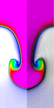  Results for density and curvilinear mesh in the Rayleigh-Taylor problem using Q2-Q1 finite elements at times t = 4.5