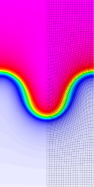  Results for density and curvilinear mesh in the Rayleigh-Taylor problem using Q4-Q3 finite elements at time t = 3