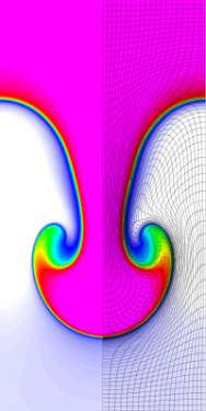  Results for density and curvilinear mesh in the Rayleigh-Taylor problem using Q4-Q3 finite elements at times t = 4.5