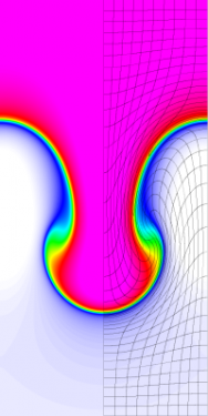  Results for density and curvilinear mesh in the Rayleigh-Taylor problem using Q8-Q7 finite elements at times t = 4