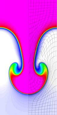  Results for density and curvilinear mesh in the Rayleigh-Taylor problem using Q8-Q7 finite elements at time t = 4.5