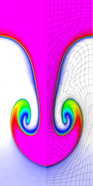  Results for density and curvilinear mesh in the Rayleigh-Taylor problem using Q8-Q7 finite elements at time t = 5