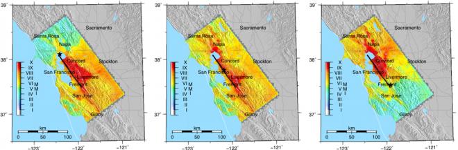 three similar images of the bay area with various colors showing the progression of the shaking