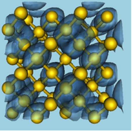 Isosurface of a computed electronic wave function in silicon crystal (64 atoms cell). It shows the boundary of the volume in which one has the highest probability of finding an electron.